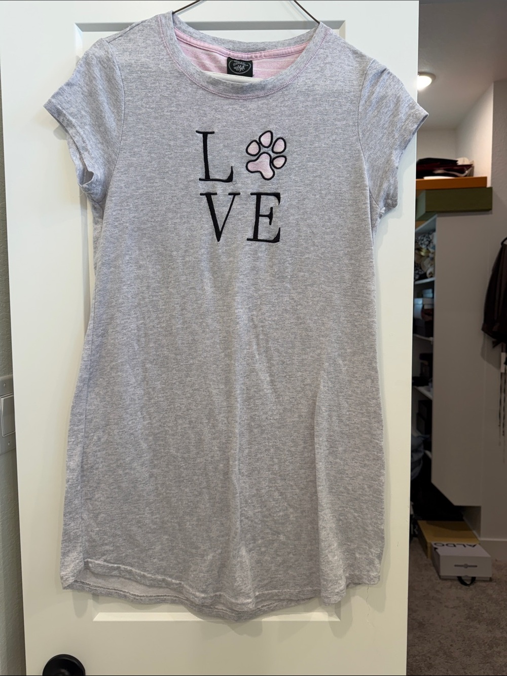 Laura Ashley Gray Sleep T-Shirt Dress with Pink Paw Accent/Love